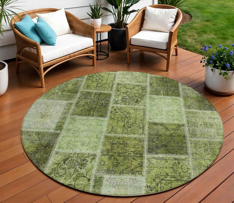 8' Olive Green And Artichoke Green Round Patchwork Washable Indoor Outdoor Area Rug