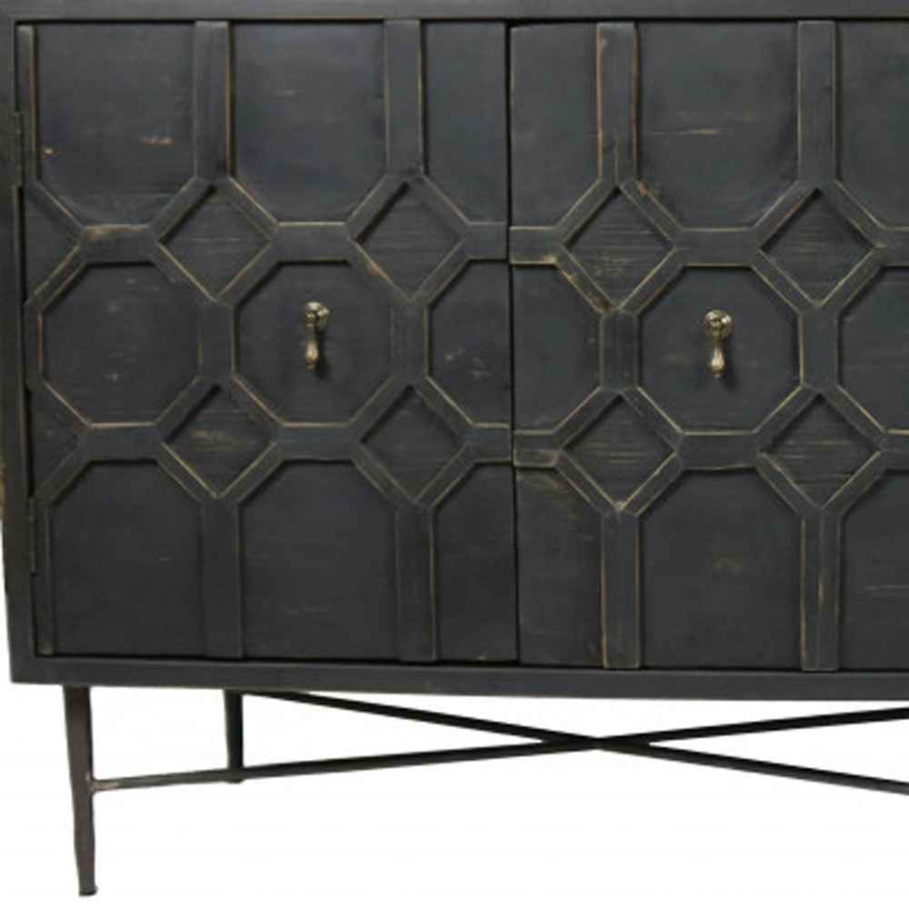 71" Brown Distressed Solid Wood Carved Geometric Sideboard with Four Doors