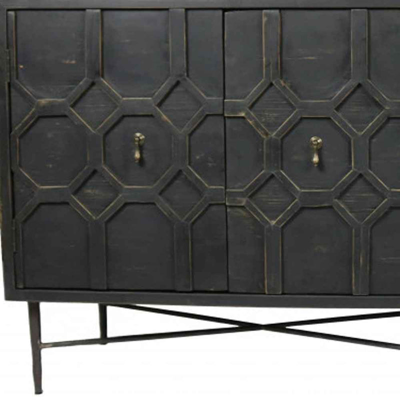 71" Brown Distressed Solid Wood Carved Geometric Sideboard with Four Doors