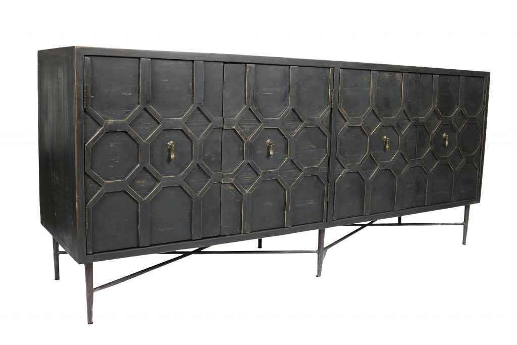 71" Brown Distressed Solid Wood Carved Geometric Sideboard with Four Doors