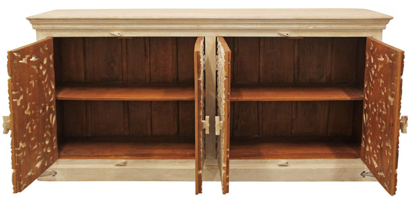Beige distressed sideboard with two doors open, showing dark interior shelves.