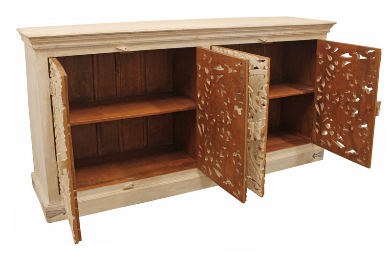 Beige distressed sideboard with open doors revealing inner shelves and carved panels.