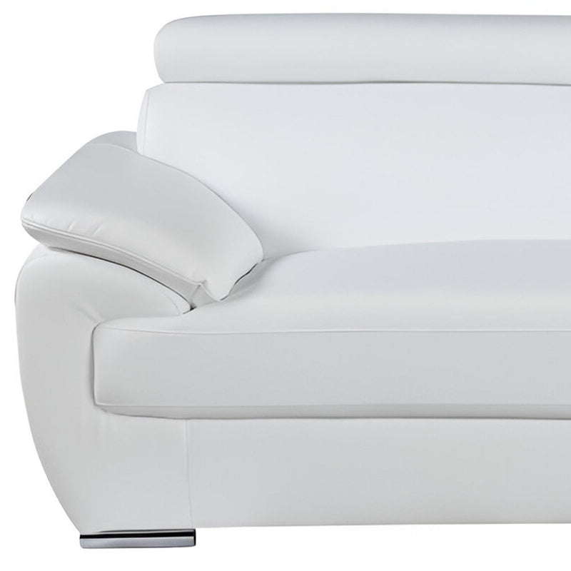 86" White Leather Sofa With Silver Legs - Living Room
