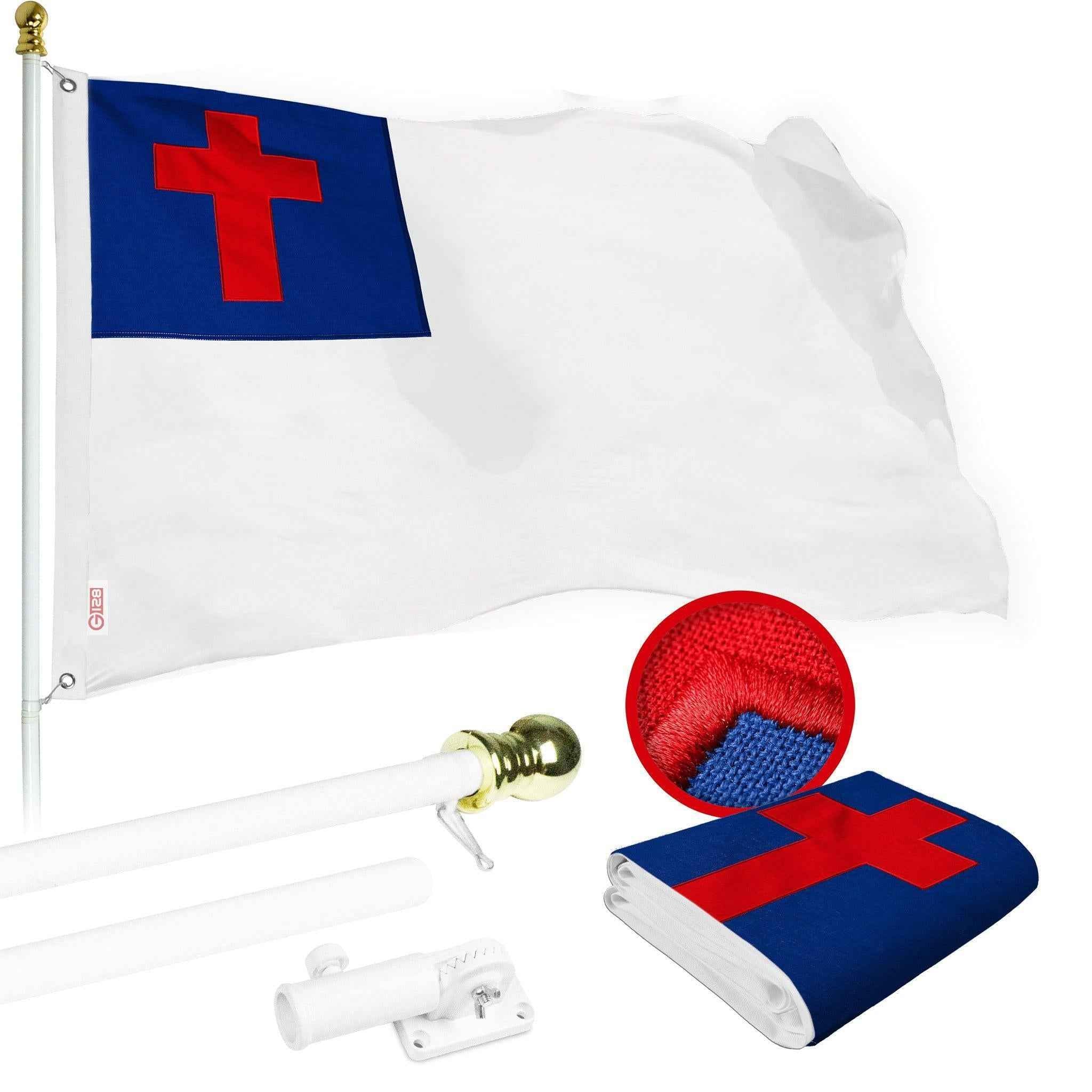 G128 Combo Pack: 5 Ft Tangle Free Spinning Flagpole (White) & Christian Flag 2.5x4 Ft Embroidered 220GSM Spun Polyester, Brass Grommets (Flag Included) Aluminum Flag Pole