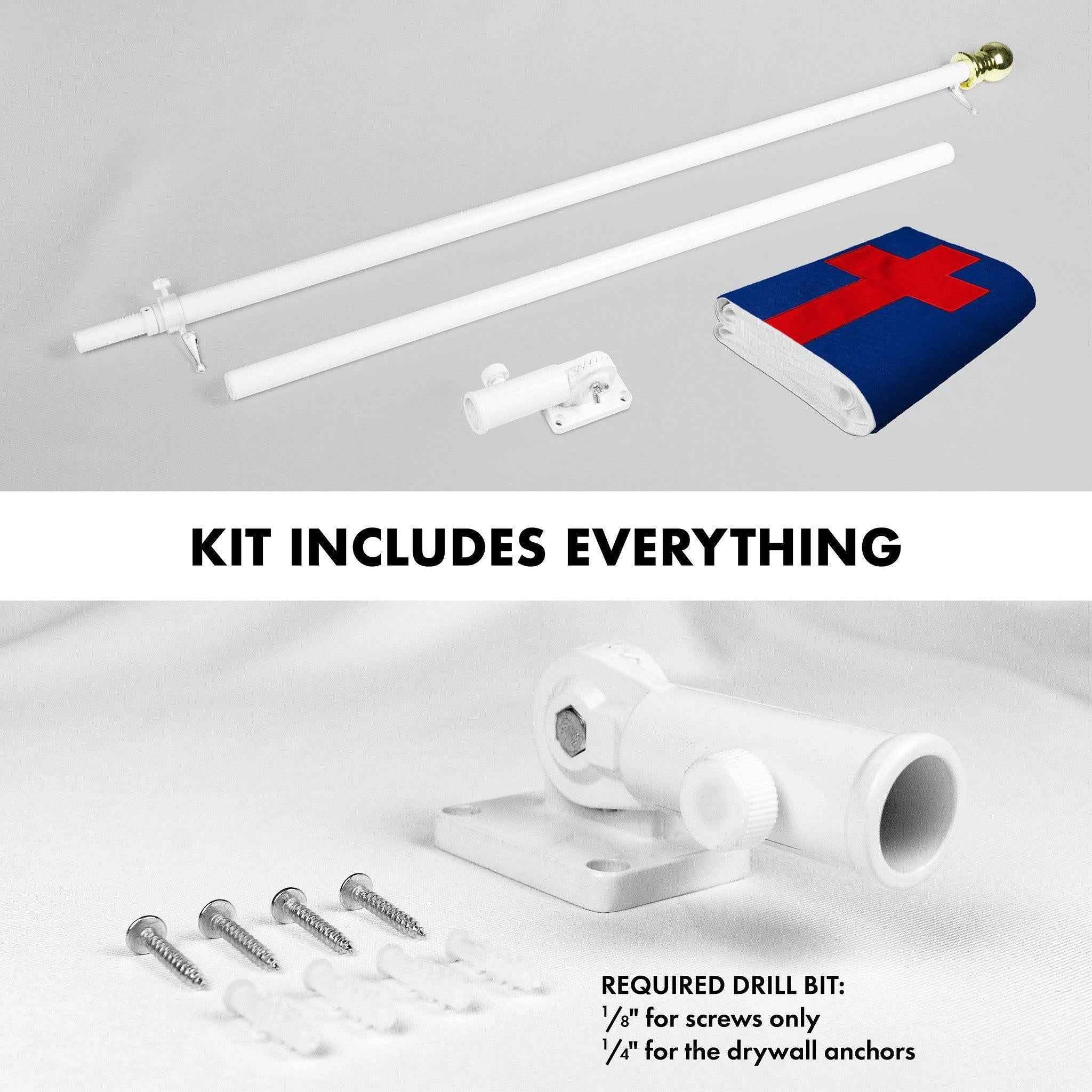 G128 Combo Pack: 5 Ft Tangle Free Spinning Flagpole (White) & Christian Flag 2.5x4 Ft Embroidered 220GSM Spun Polyester, Brass Grommets (Flag Included) Aluminum Flag Pole