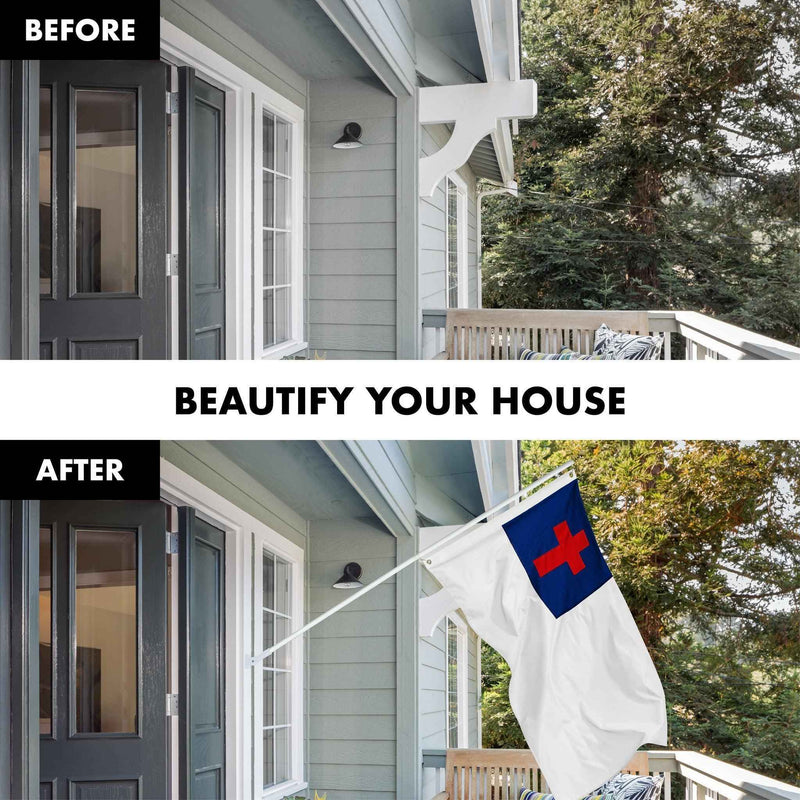 G128 Combo Pack: 5 Ft Tangle Free Spinning Flagpole (White) & Christian Flag 2.5x4 Ft Embroidered 220GSM Spun Polyester, Brass Grommets (Flag Included) Aluminum Flag Pole