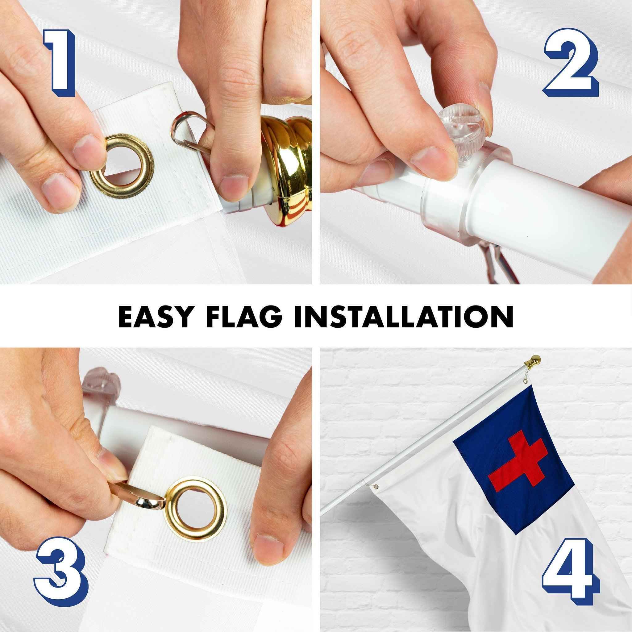 G128 Combo Pack: 5 Ft Tangle Free Spinning Flagpole (White) & Christian Flag 2.5x4 Ft Embroidered 220GSM Spun Polyester, Brass Grommets (Flag Included) Aluminum Flag Pole