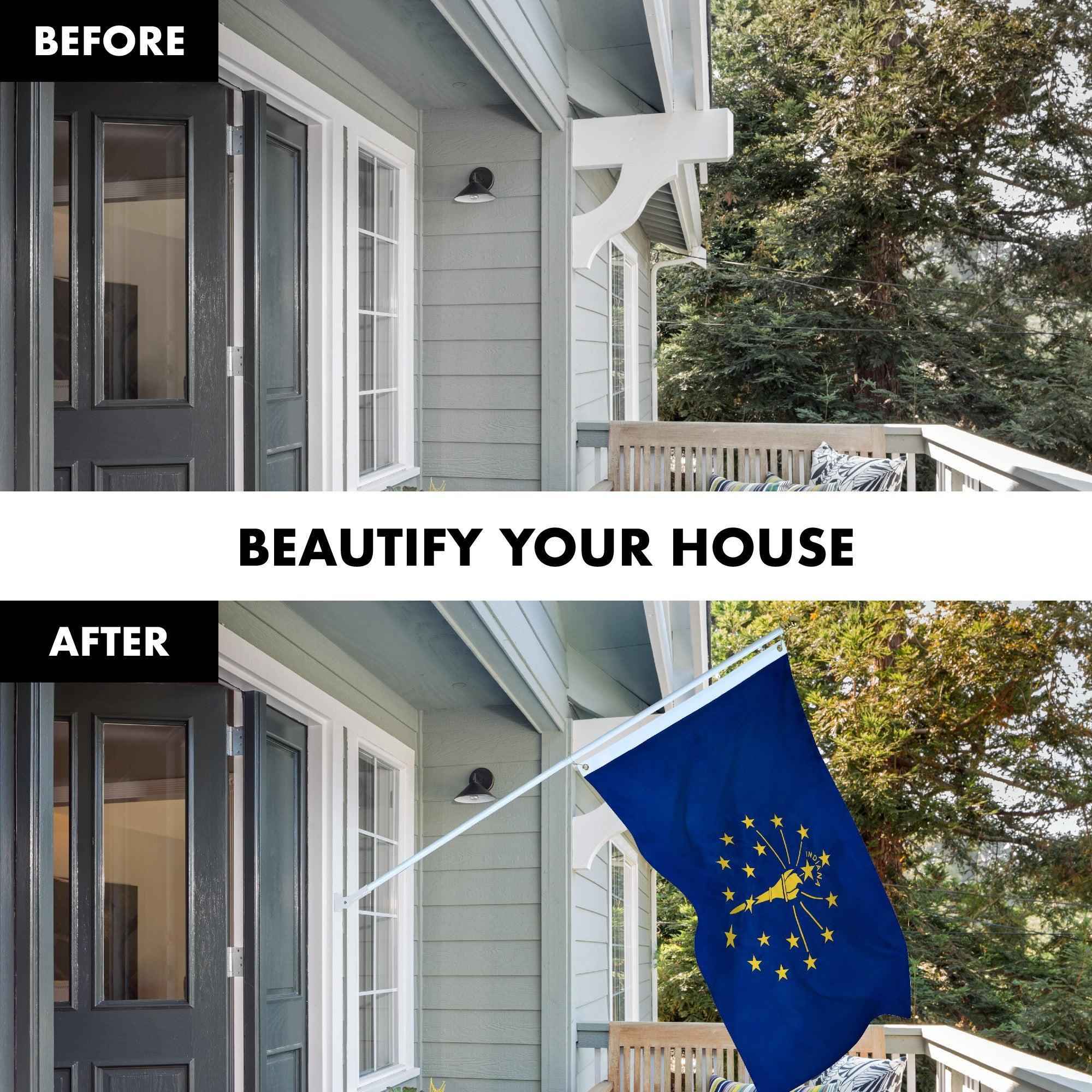 G128 Combo Pack: 5 Ft Tangle Free Aluminum Spinning Flagpole (White) & Indiana IN State Flag 2.5x4 Ft, ToughWeave Series Embroidered 300D Polyester | Pole with Flag Included