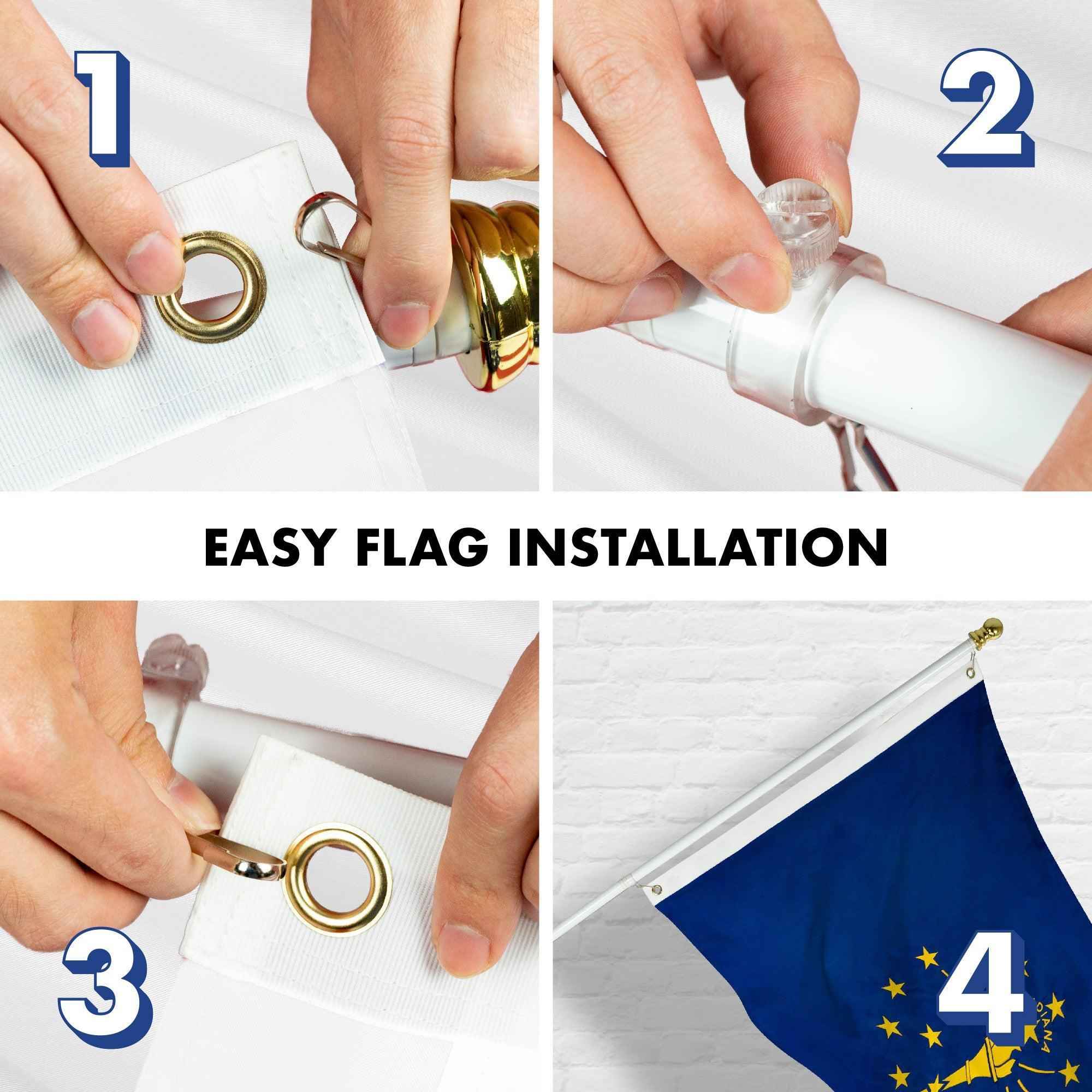 G128 Combo Pack: 5 Ft Tangle Free Aluminum Spinning Flagpole (White) & Indiana IN State Flag 2.5x4 Ft, ToughWeave Series Embroidered 300D Polyester | Pole with Flag Included