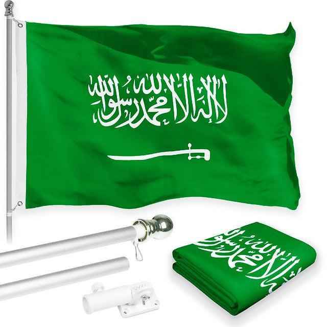G128 Combo Pack: 6 Feet Tangle Free Spinning Flagpole (Silver) Saudi Arabia Saudi Arabian Flag 3x5 ft Printed 150D Brass Grommets (Flag Included) Aluminum Flag Pole