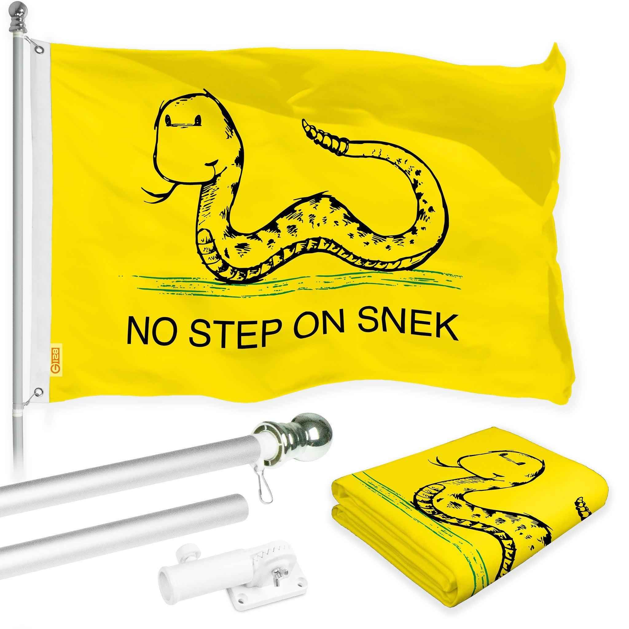 G128 Combo Pack: 6 Ft Tangle Free Spinning Flagpole (Silver) & No Step on Snek Cute Cartoon Flag 3x5 Ft Printed 150D Polyester, Brass Grommets (Flag Included) Aluminum Flag Pole