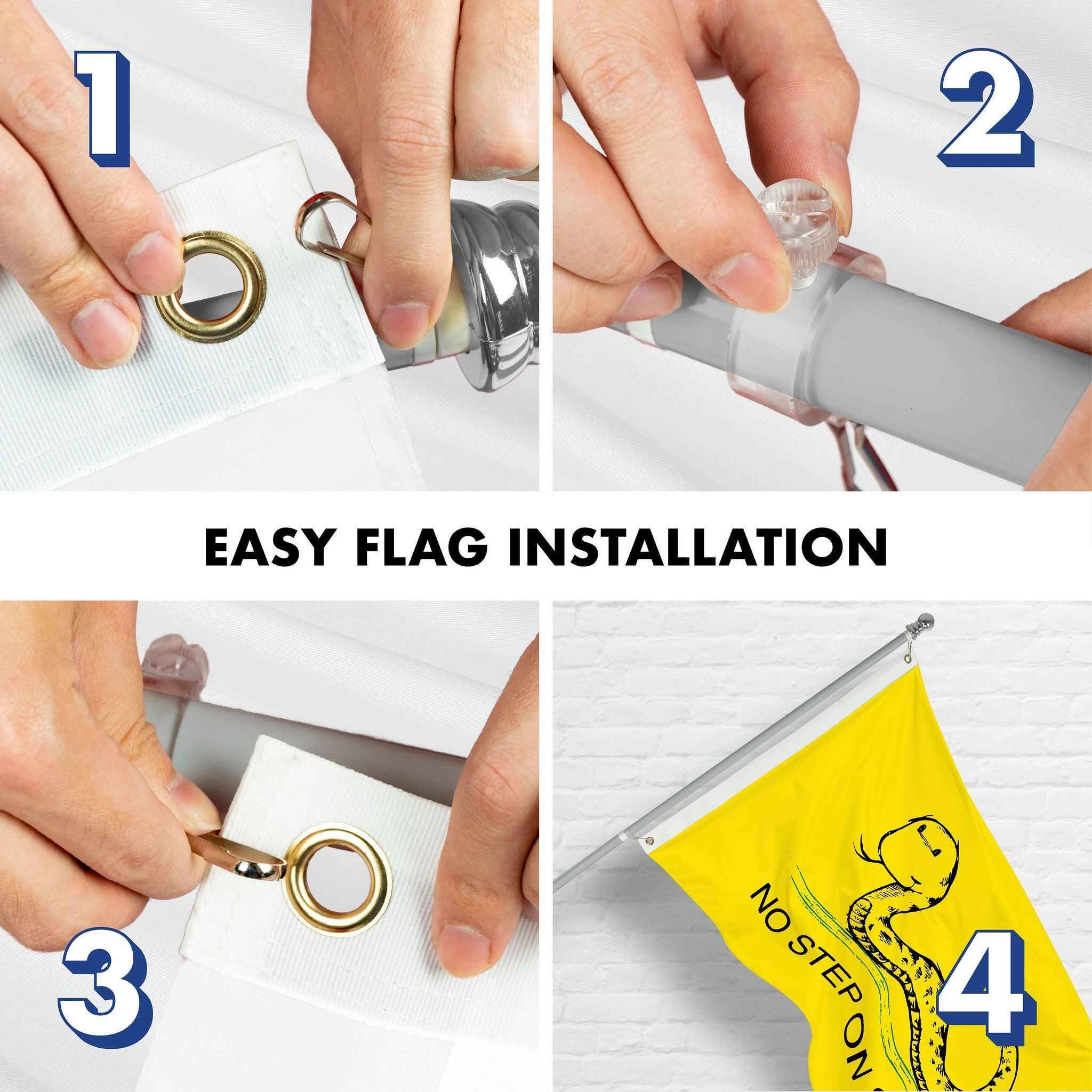 G128 Combo Pack: 6 Ft Tangle Free Spinning Flagpole (Silver) & No Step on Snek Cute Cartoon Flag 3x5 Ft Printed 150D Polyester, Brass Grommets (Flag Included) Aluminum Flag Pole