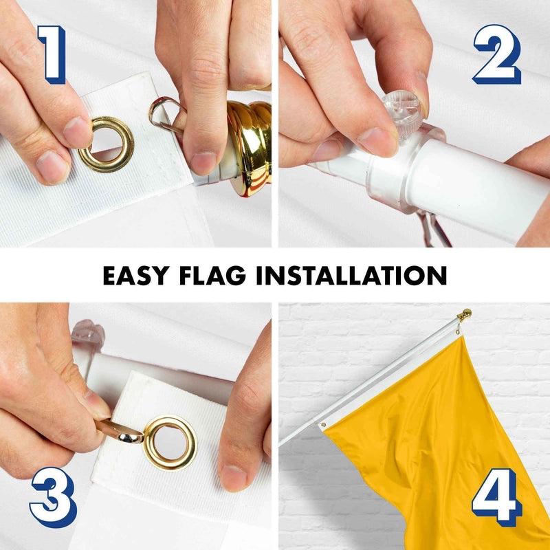 G128 Combo Pack: 5 Ft Tangle Free Aluminum Spinning Flagpole (White) & Solid Golden Yellow Color Flag 2x3 Ft, LiteWeave Pro Series Printed 150D Polyester | Pole with Flag Included