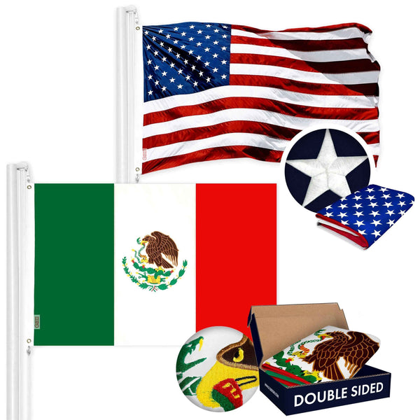 G128 Combo Pack: USA American Flag 3x5 Ft Embroidered Stars & Mexico Flag 3x5 Ft Embroidered Double Sided 3ply