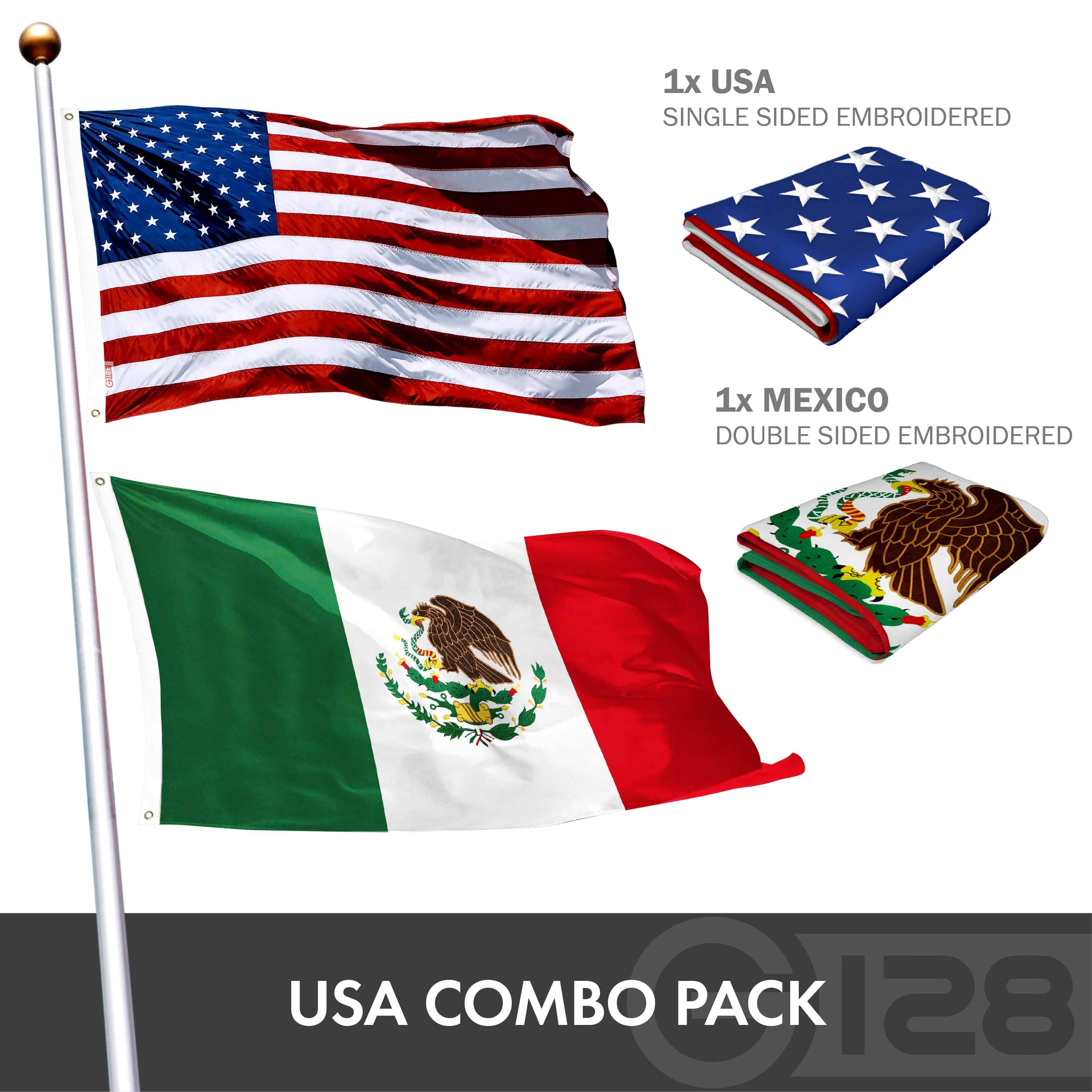 G128 Combo Pack: USA American Flag 3x5 Ft Embroidered Stars & Mexico Flag 3x5 Ft Embroidered Double Sided 3ply