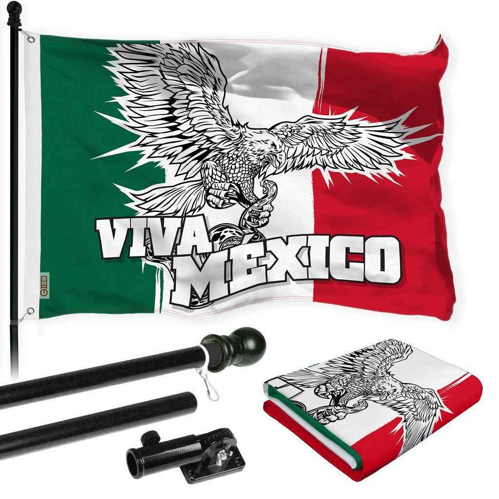 G128 Combo Pack: 6 Ft Tangle Free Spinning Flagpole (Black) & Mexico Viva Mexico Flag 3x5 Ft Printed 150D Polyester, Brass Grommets (Flag Included) Aluminum Flag Pole