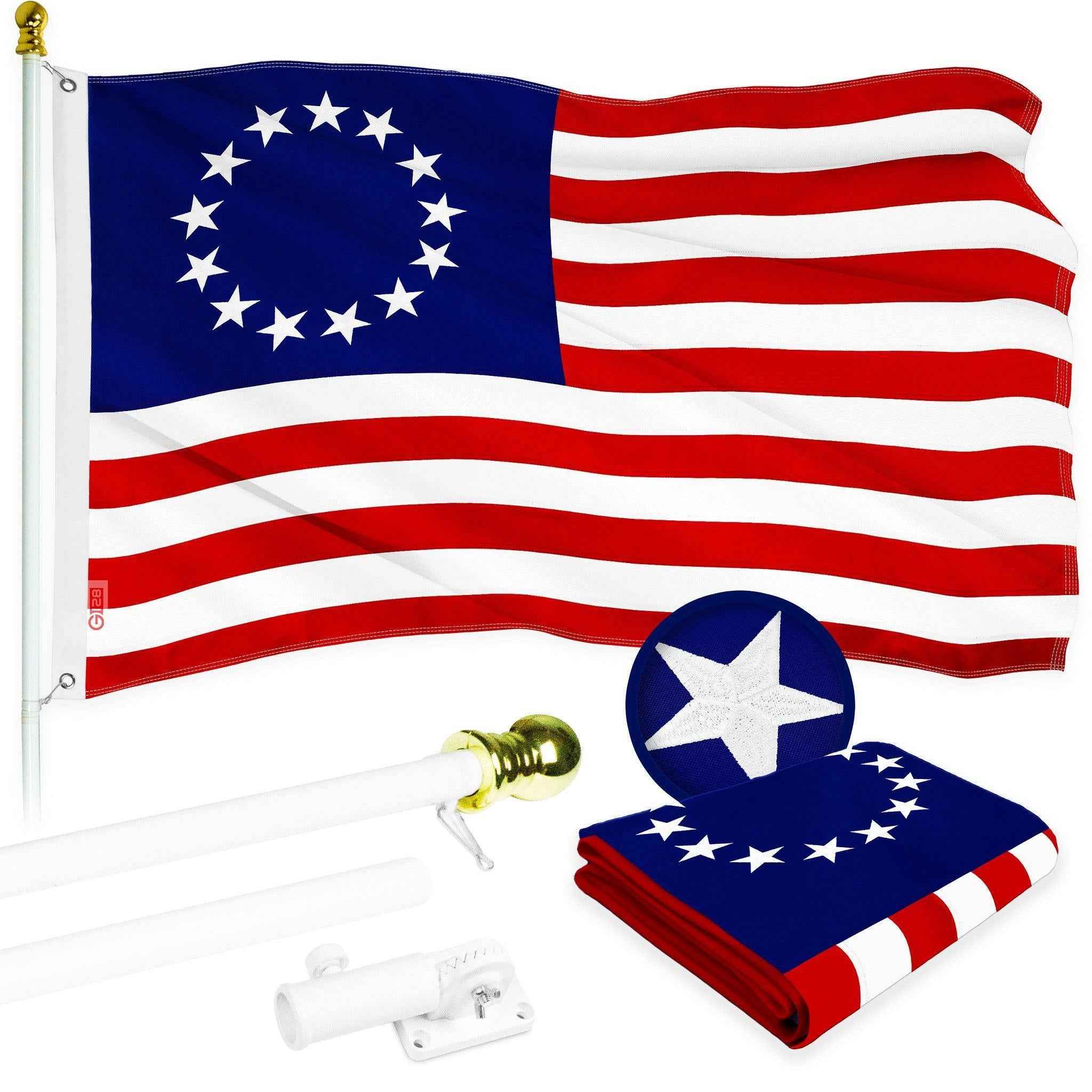 G128 Combo Pack: 5 Ft Tangle Free Aluminum Spinning Flagpole (White) & Betsy Ross Flag 2x3 Ft, ToughWeave Series Embroidered 300D Polyester | Pole with Flag Included