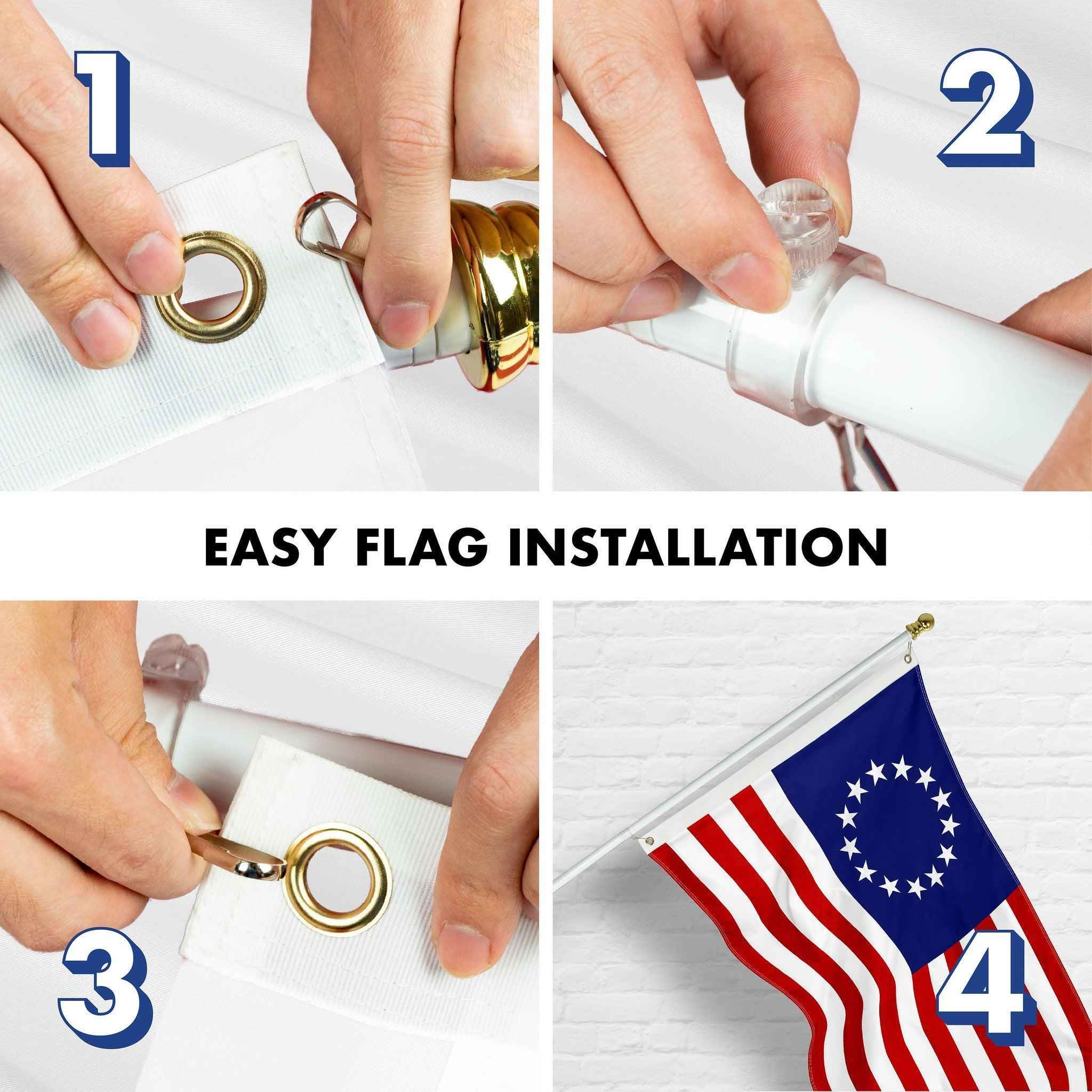 G128 Combo Pack: 5 Ft Tangle Free Aluminum Spinning Flagpole (White) & Betsy Ross Flag 2x3 Ft, ToughWeave Series Embroidered 300D Polyester | Pole with Flag Included