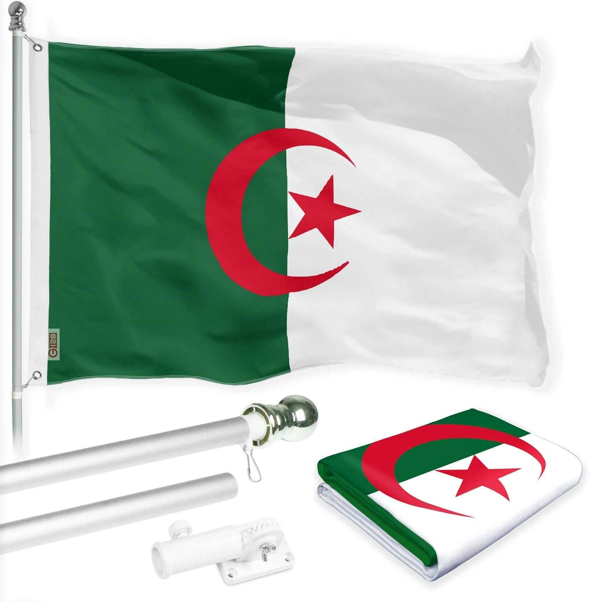 G128 Combo Pack: 6 Ft Tangle Free Spinning Flagpole (Silver) & Algeria Flag 3x5 Ft Printed 150D Polyester, Brass Grommets (Flag Included) Aluminum Flag Pole