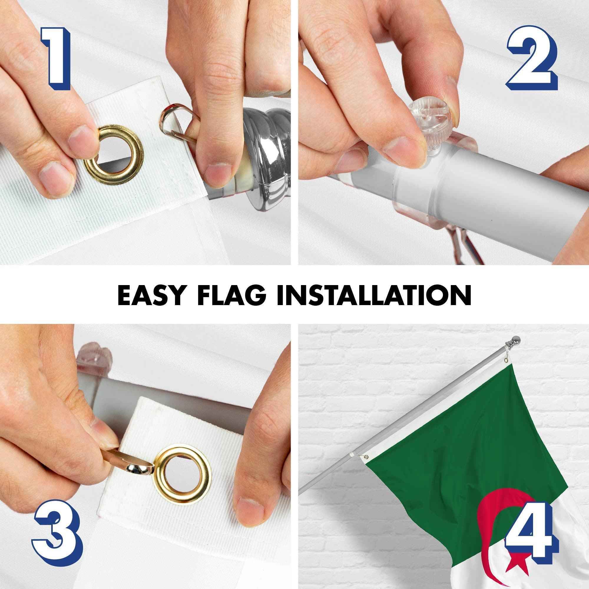 G128 Combo Pack: 6 Ft Tangle Free Spinning Flagpole (Silver) & Algeria Flag 3x5 Ft Printed 150D Polyester, Brass Grommets (Flag Included) Aluminum Flag Pole