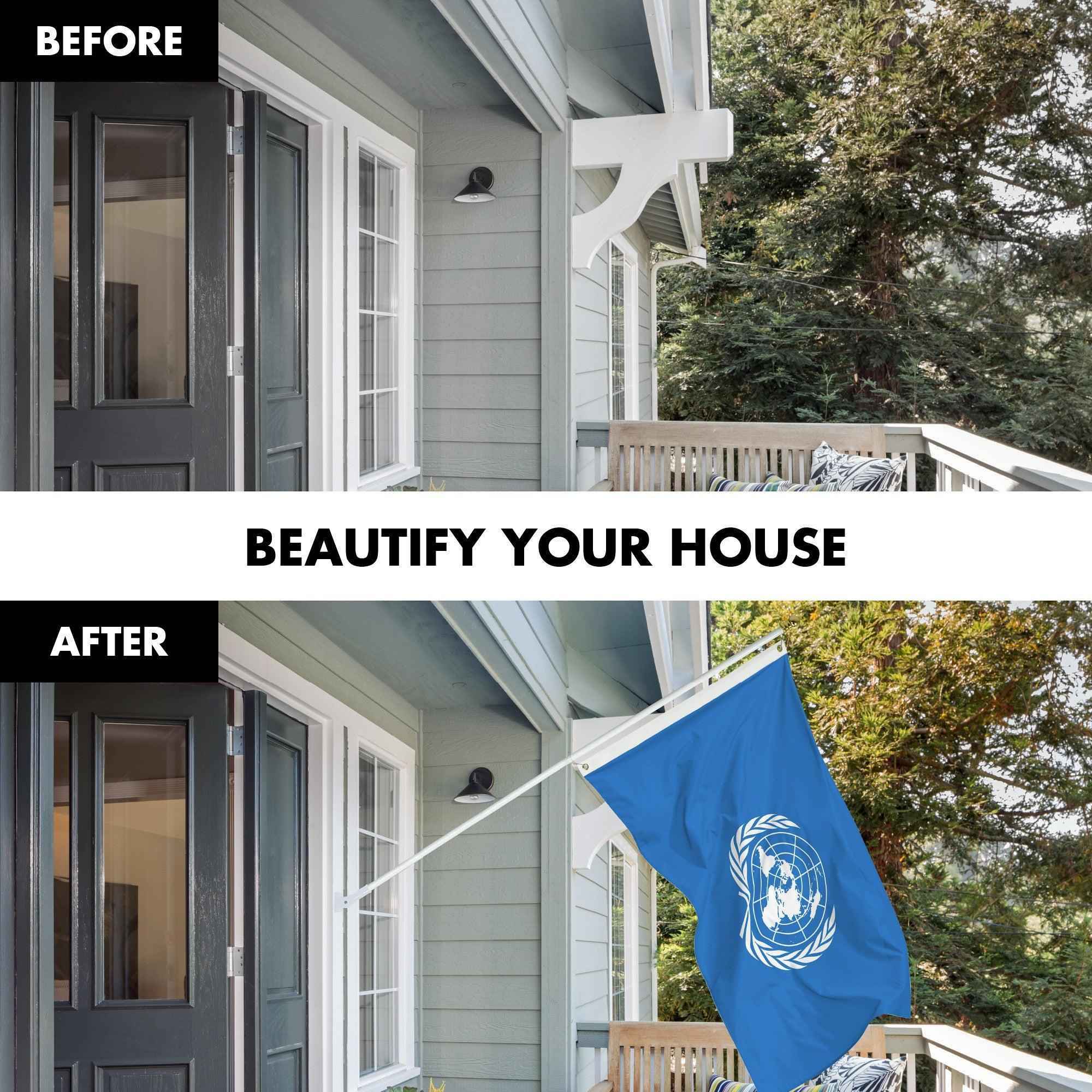 G128 Combo Pack: 6 Ft Tangle Free Aluminum Spinning Flagpole (White) & United Nations Flag 3x5 Ft, LiteWeave Pro Series Printed 150D Polyester | Pole with Flag Included