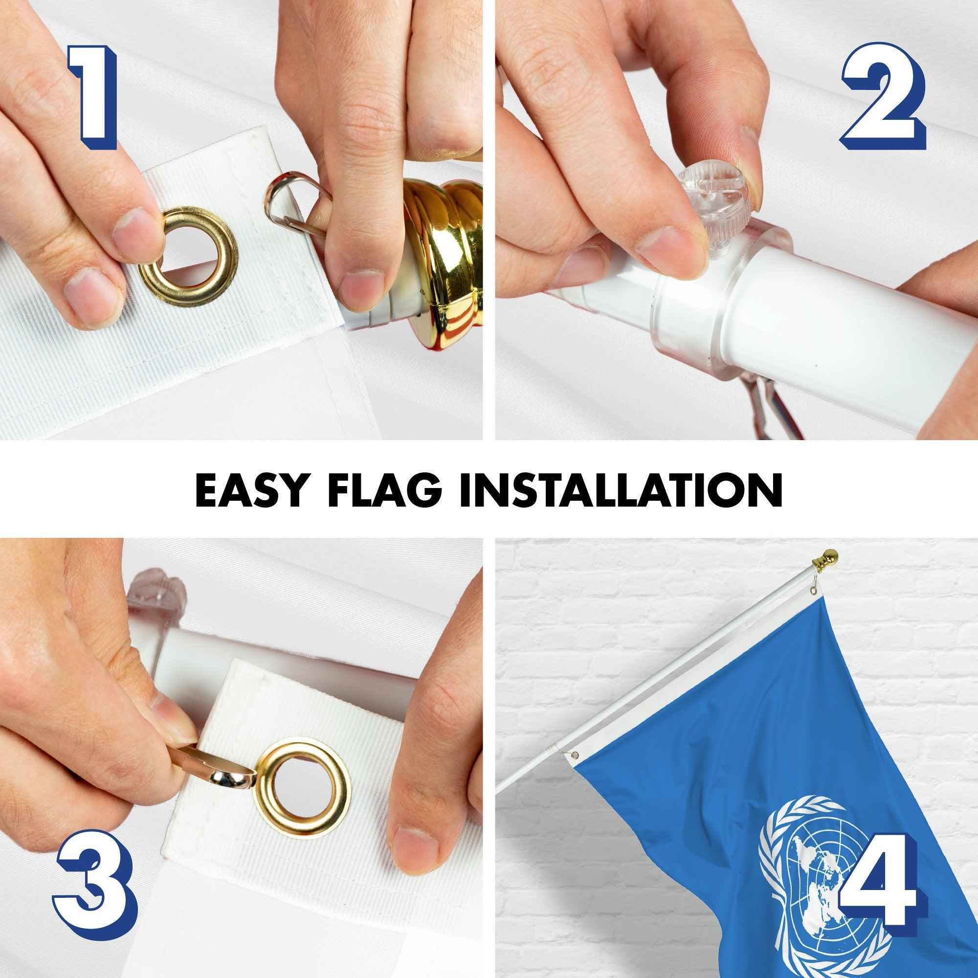 G128 Combo Pack: 6 Ft Tangle Free Aluminum Spinning Flagpole (White) & United Nations Flag 3x5 Ft, LiteWeave Pro Series Printed 150D Polyester | Pole with Flag Included