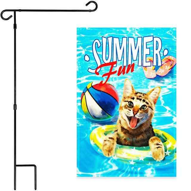 G128 Combo Pack: Garden Flag Stand Black 36x16 Inch & Garden Flag Summer Fun with Cat in Pool 12x18 Inch
