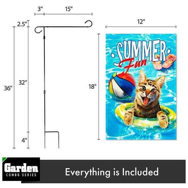 G128 Combo Pack: Garden Flag Stand Black 36x16 Inch & Garden Flag Summer Fun with Cat in Pool 12x18 Inch