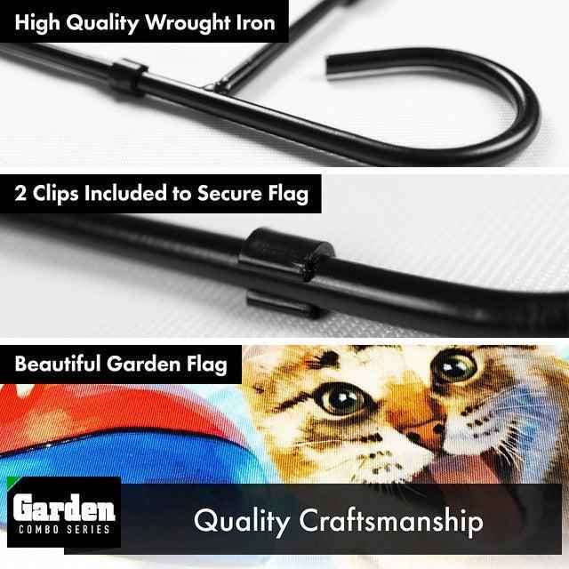 G128 Combo Pack: Garden Flag Stand Black 36x16 Inch & Garden Flag Summer Fun with Cat in Pool 12x18 Inch