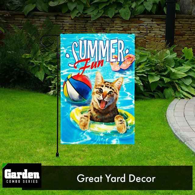 G128 Combo Pack: Garden Flag Stand Black 36x16 Inch & Garden Flag Summer Fun with Cat in Pool 12x18 Inch