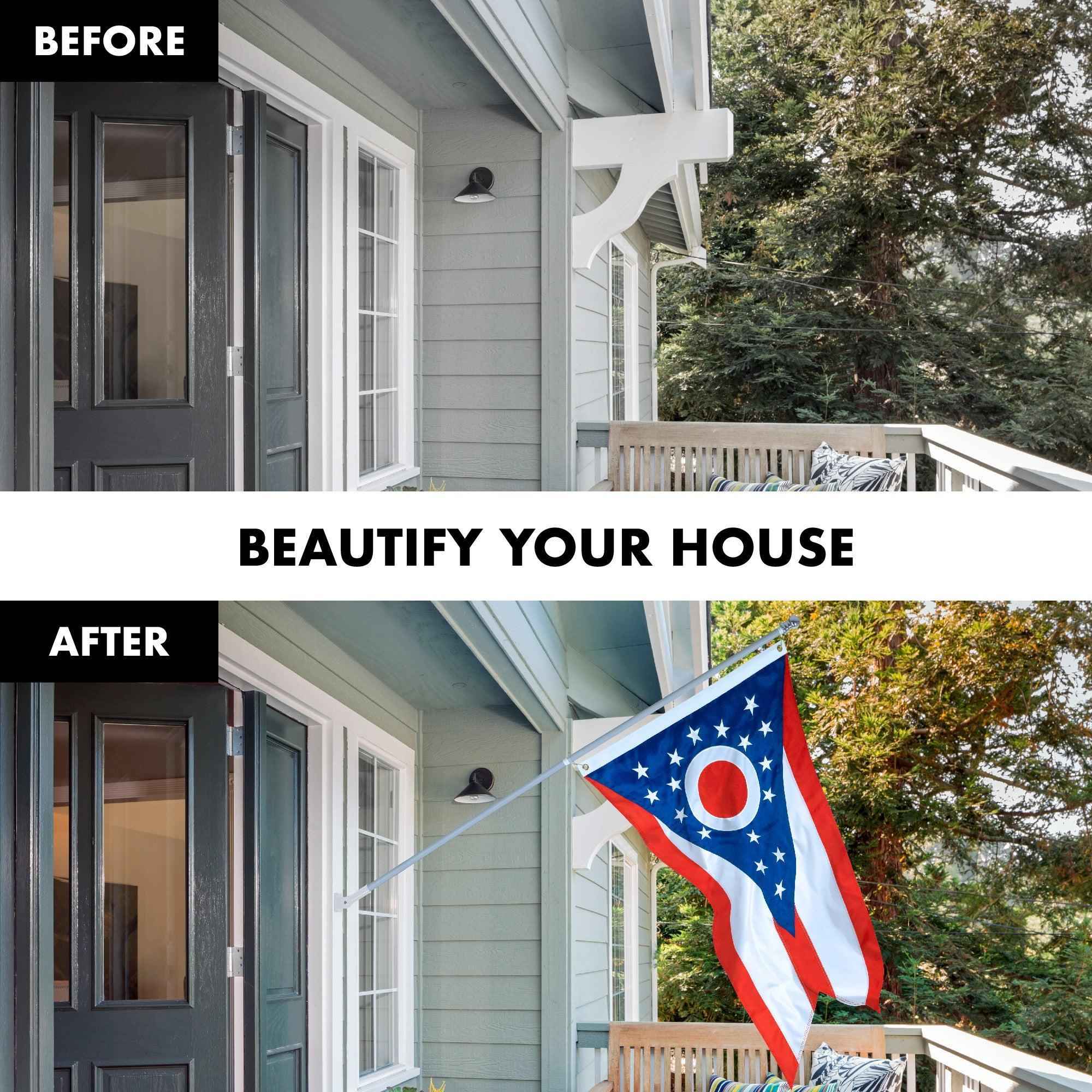 G128 Combo Pack: 5 Ft Tangle Free Aluminum Spinning Flagpole (Silver) & Ohio OH State Flag 2.5x4 Ft, ToughWeave Series Embroidered 300D Polyester | Pole with Flag Included