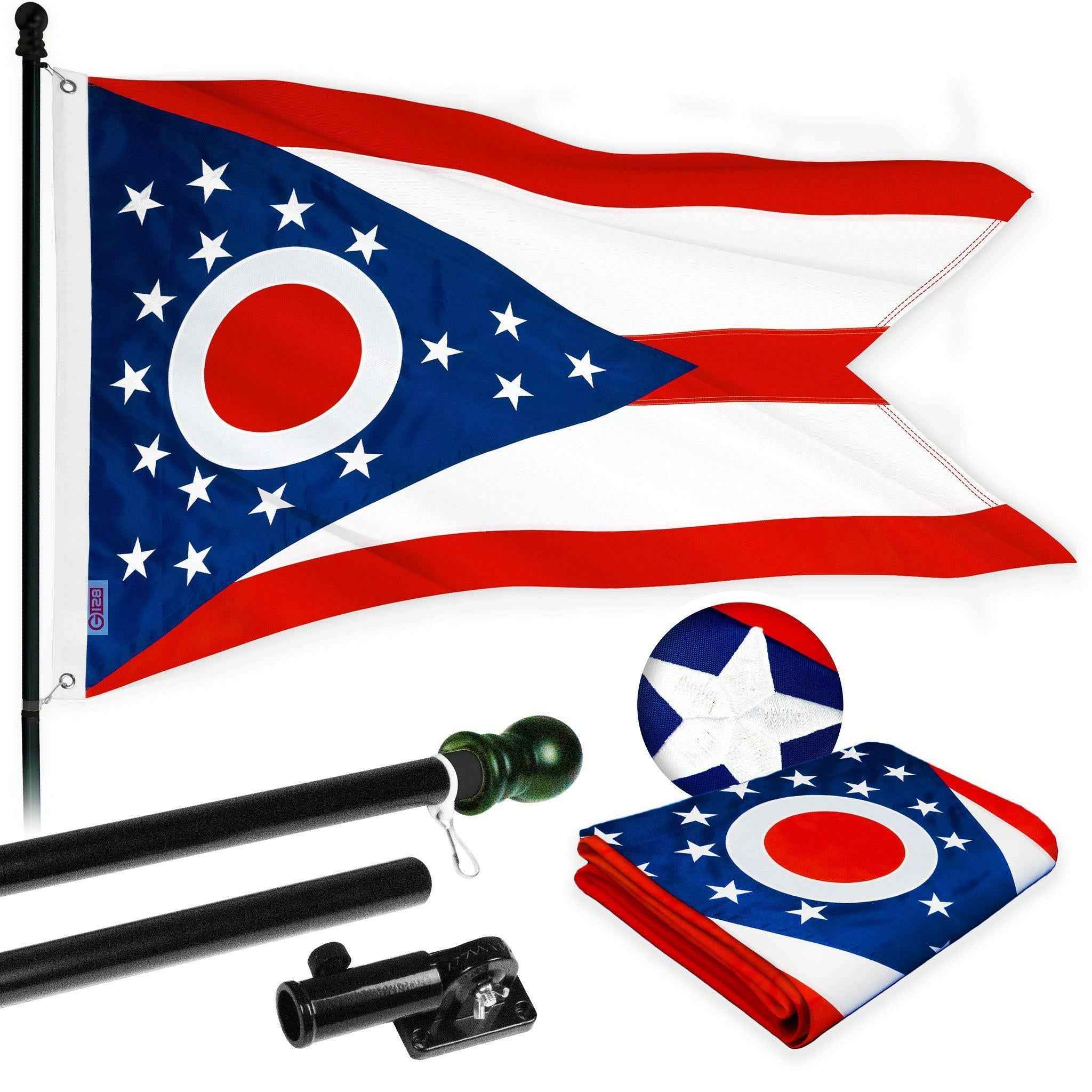 G128 Combo Pack: 5 Ft Tangle Free Aluminum Spinning Flagpole (Black) & Ohio OH State Flag 2.5x4 Ft, ToughWeave Series Embroidered 300D Polyester | Pole with Flag Included