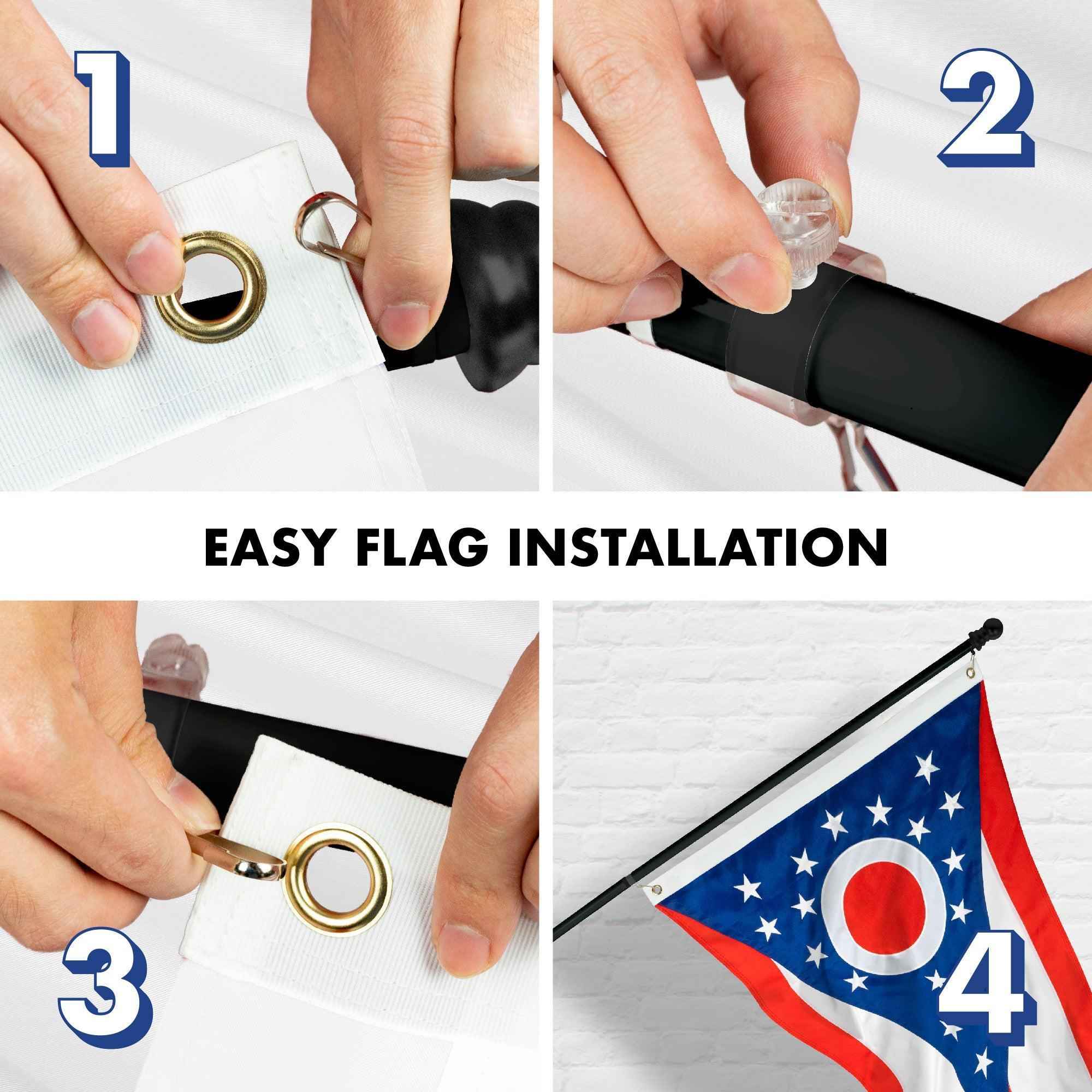 G128 Combo Pack: 5 Ft Tangle Free Aluminum Spinning Flagpole (Black) & Ohio OH State Flag 2.5x4 Ft, ToughWeave Series Embroidered 300D Polyester | Pole with Flag Included