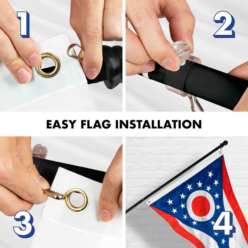 G128 Combo Pack: 5 Ft Tangle Free Aluminum Spinning Flagpole (Black) & Ohio OH State Flag 2.5x4 Ft, ToughWeave Series Embroidered 300D Polyester | Pole with Flag Included