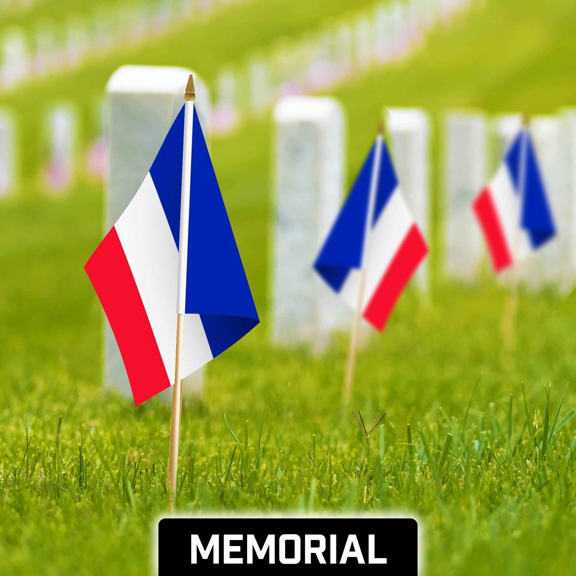 G128 30 Pack Handheld France French Stick Flags | 12x18 In | Printed 150D Polyester, Country Flag, Solid Wooden Stick, Spear Gold Tip