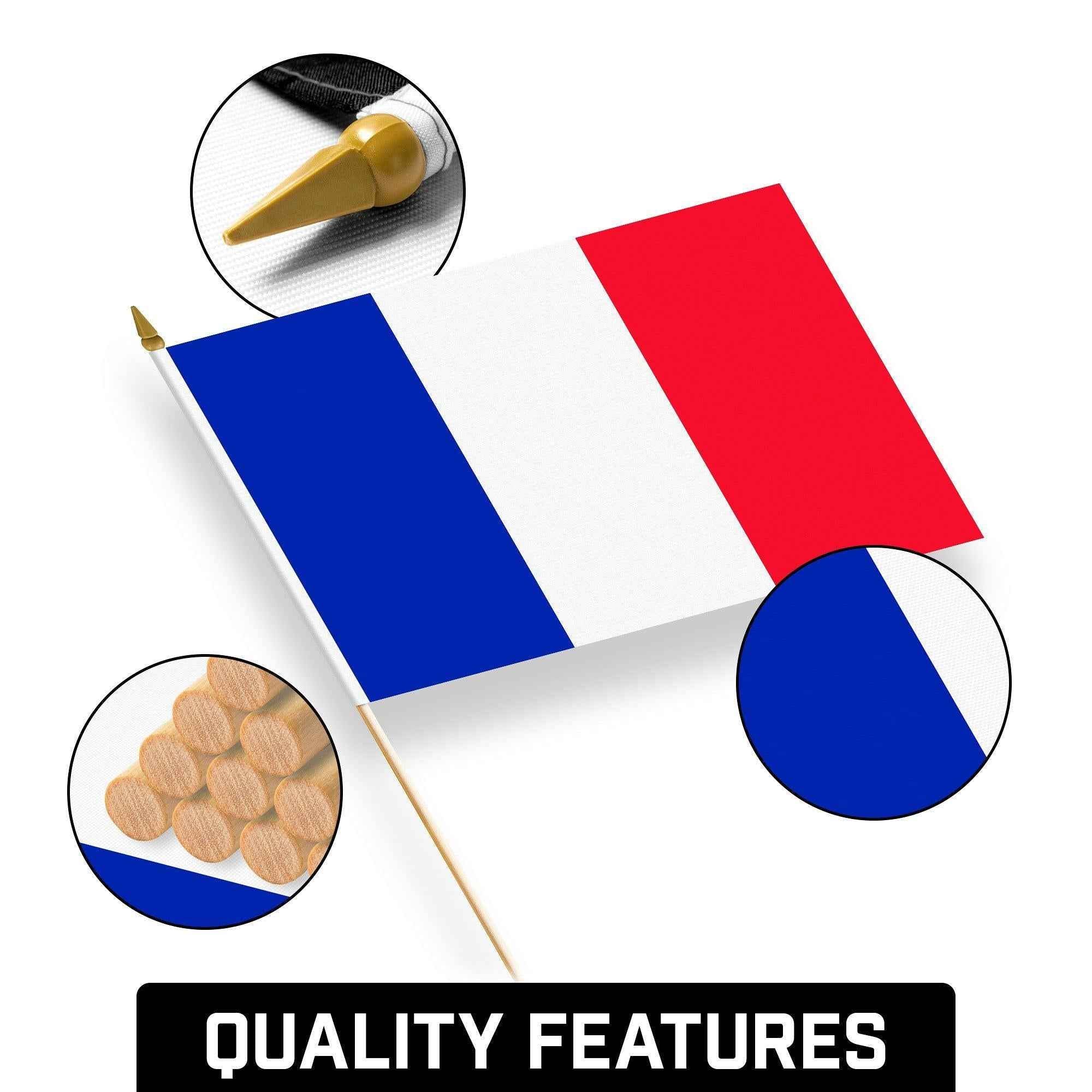 G128 30 Pack Handheld France French Stick Flags | 12x18 In | Printed 150D Polyester, Country Flag, Solid Wooden Stick, Spear Gold Tip