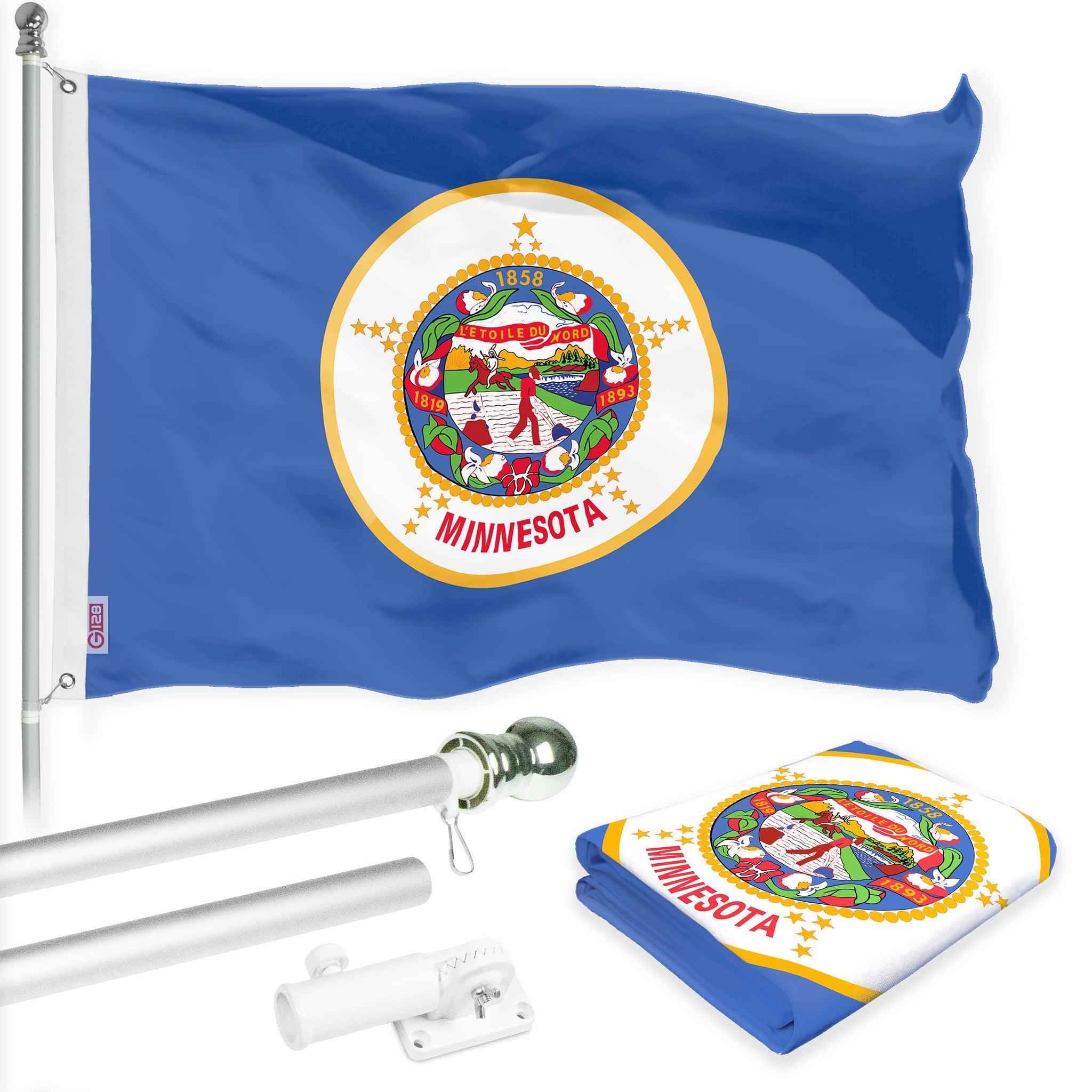 G128 Combo Pack: 6 Ft Tangle Free Spinning Flagpole (Silver) & Minnesota Flag 3x5 Ft Printed 150D Polyester, Brass Grommets (Flag Included) Aluminum Flag Pole