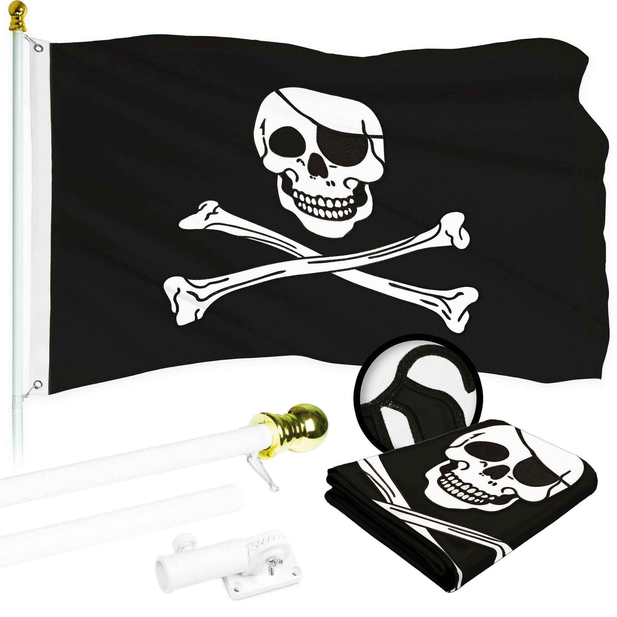 G128 Combo Pack: 5 Ft Tangle Free Aluminum Spinning Flagpole (White) & Pirate Jolly Roger Bones Flag 2x3 Ft, ToughWeave Series Embroidered 300D Polyester | Pole with Flag Included