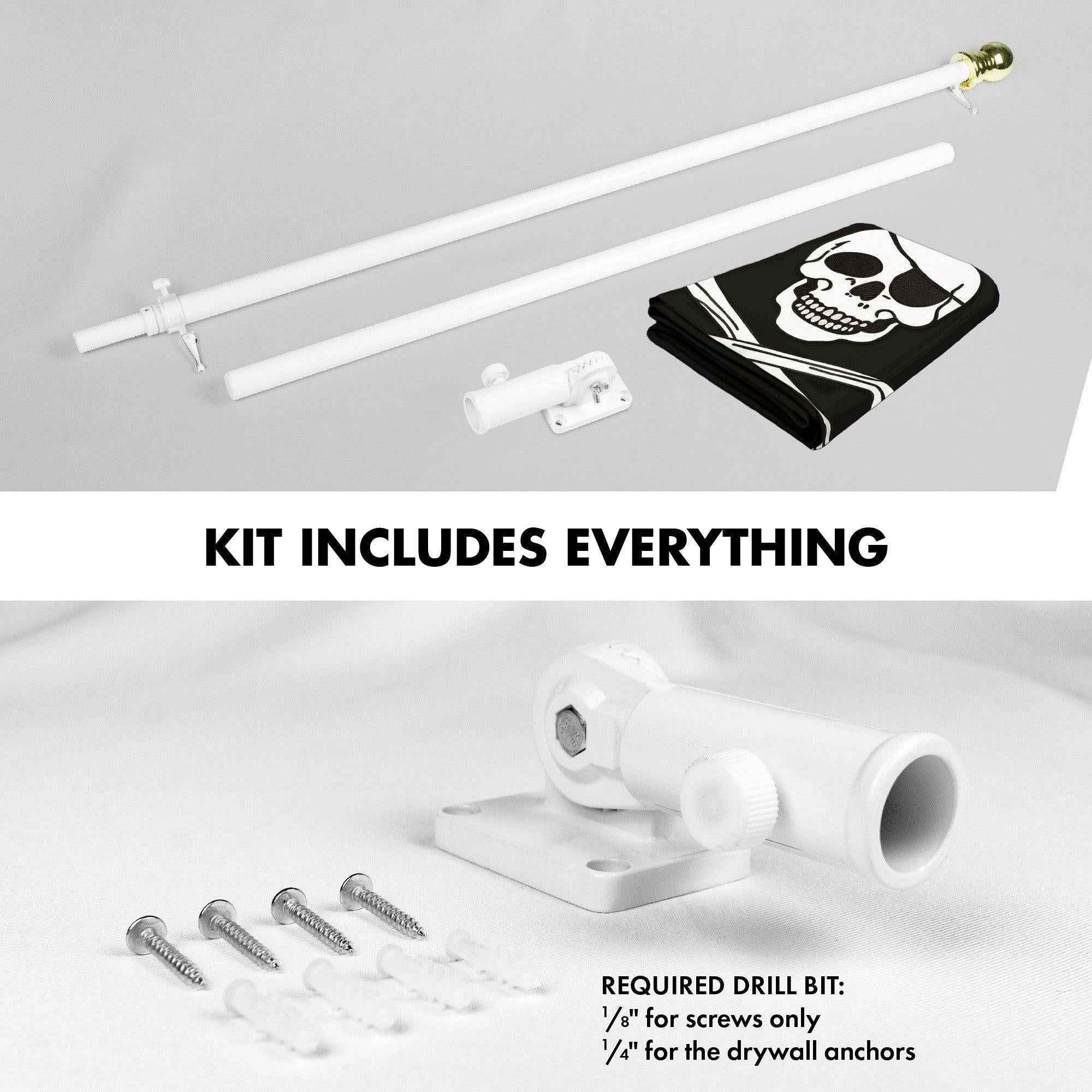 G128 Combo Pack: 5 Ft Tangle Free Aluminum Spinning Flagpole (White) & Pirate Jolly Roger Bones Flag 2x3 Ft, ToughWeave Series Embroidered 300D Polyester | Pole with Flag Included