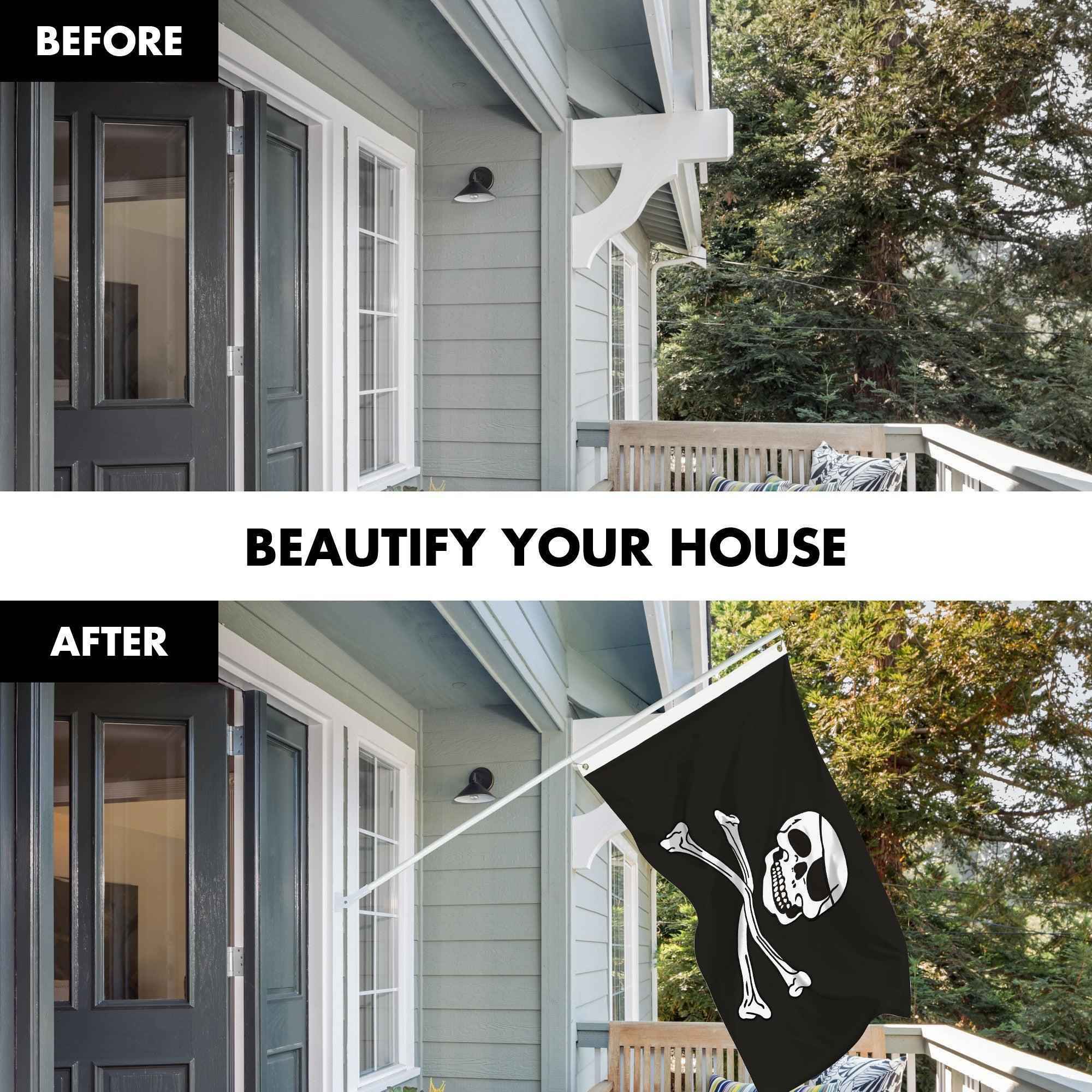 G128 Combo Pack: 5 Ft Tangle Free Aluminum Spinning Flagpole (White) & Pirate Jolly Roger Bones Flag 2x3 Ft, ToughWeave Series Embroidered 300D Polyester | Pole with Flag Included