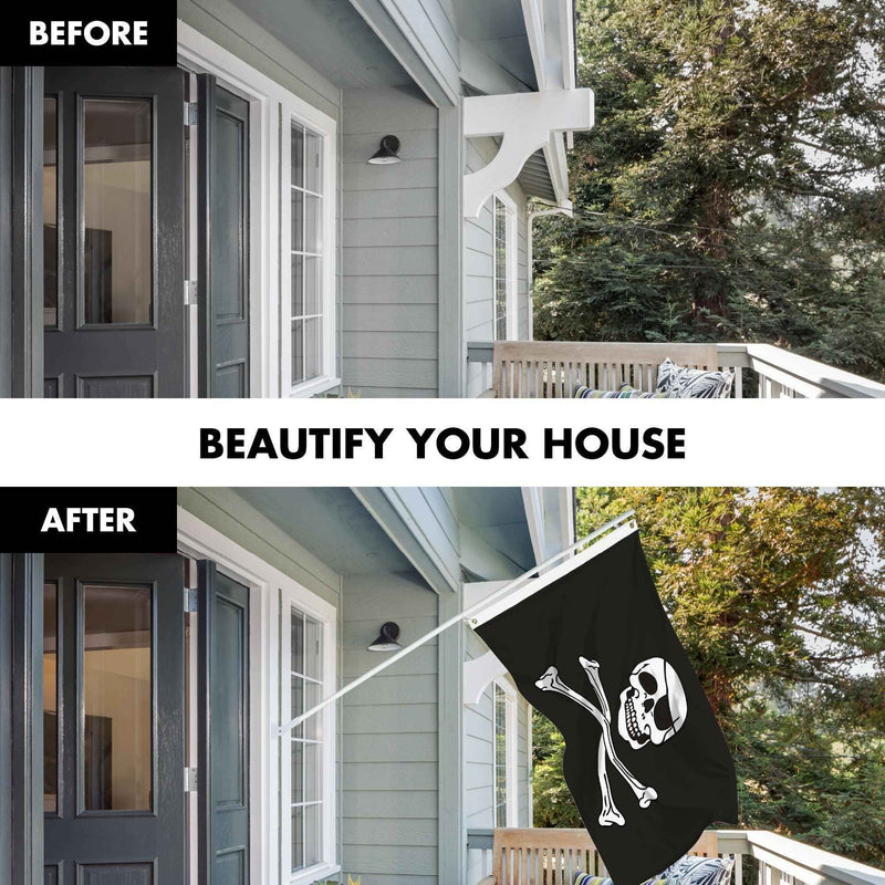 G128 Combo Pack: 5 Ft Tangle Free Aluminum Spinning Flagpole (White) & Pirate Jolly Roger Bones Flag 2x3 Ft, ToughWeave Series Embroidered 300D Polyester | Pole with Flag Included