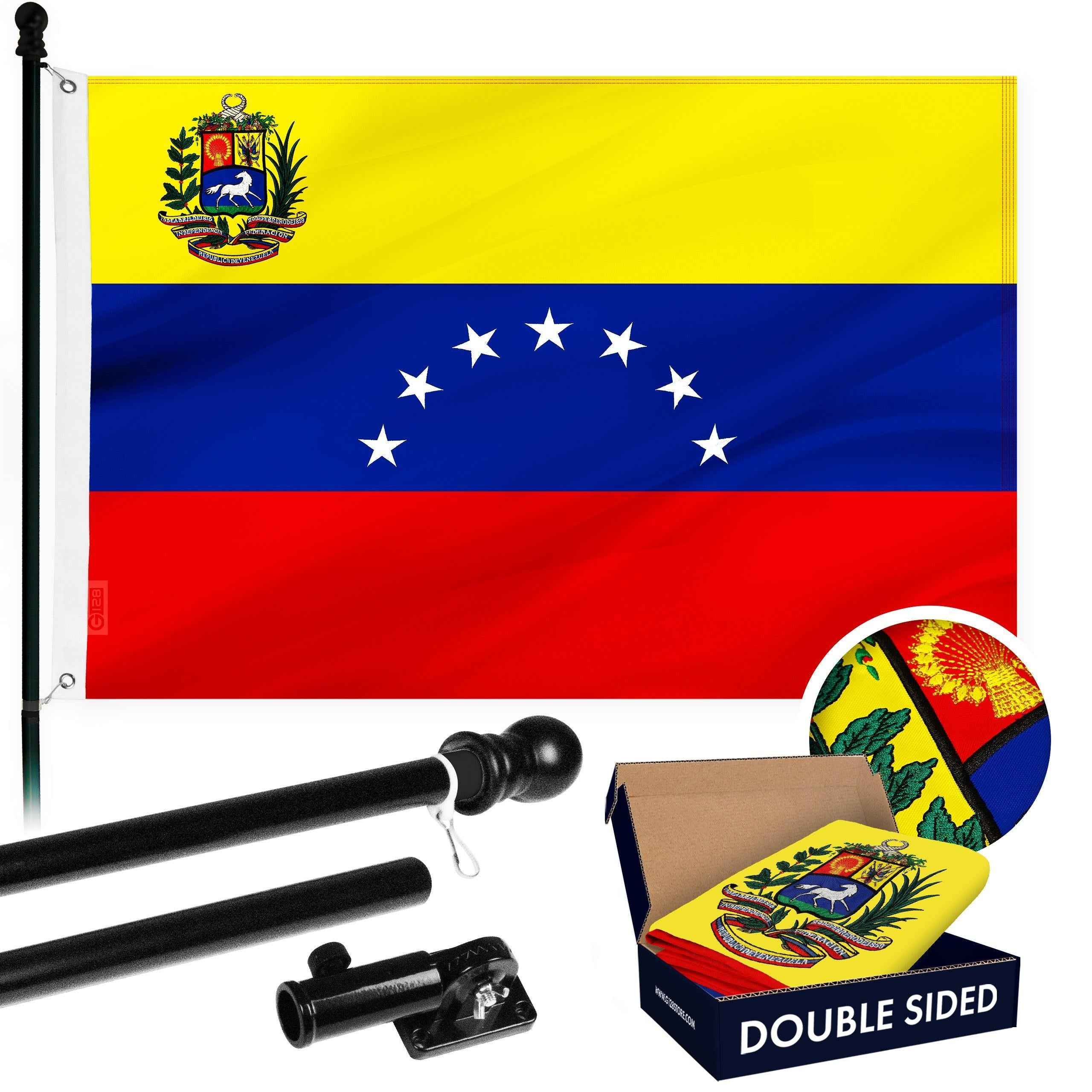 G128 Combo Pack: 6 Ft Tangle Free Aluminum Spinning Flagpole (Black) & Venezuela 7 Stars Venezuelan Flag 3x5 Ft, ToughWeave Series Double Sided Embroidered 210D Polyester | Pole with Flag Included