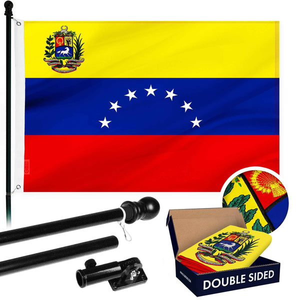 G128 Combo Pack: 6 Ft Tangle Free Aluminum Spinning Flagpole (Black) & Venezuela 7 Stars Venezuelan Flag 3x5 Ft, ToughWeave Series Double Sided Embroidered 210D Polyester | Pole with Flag Included