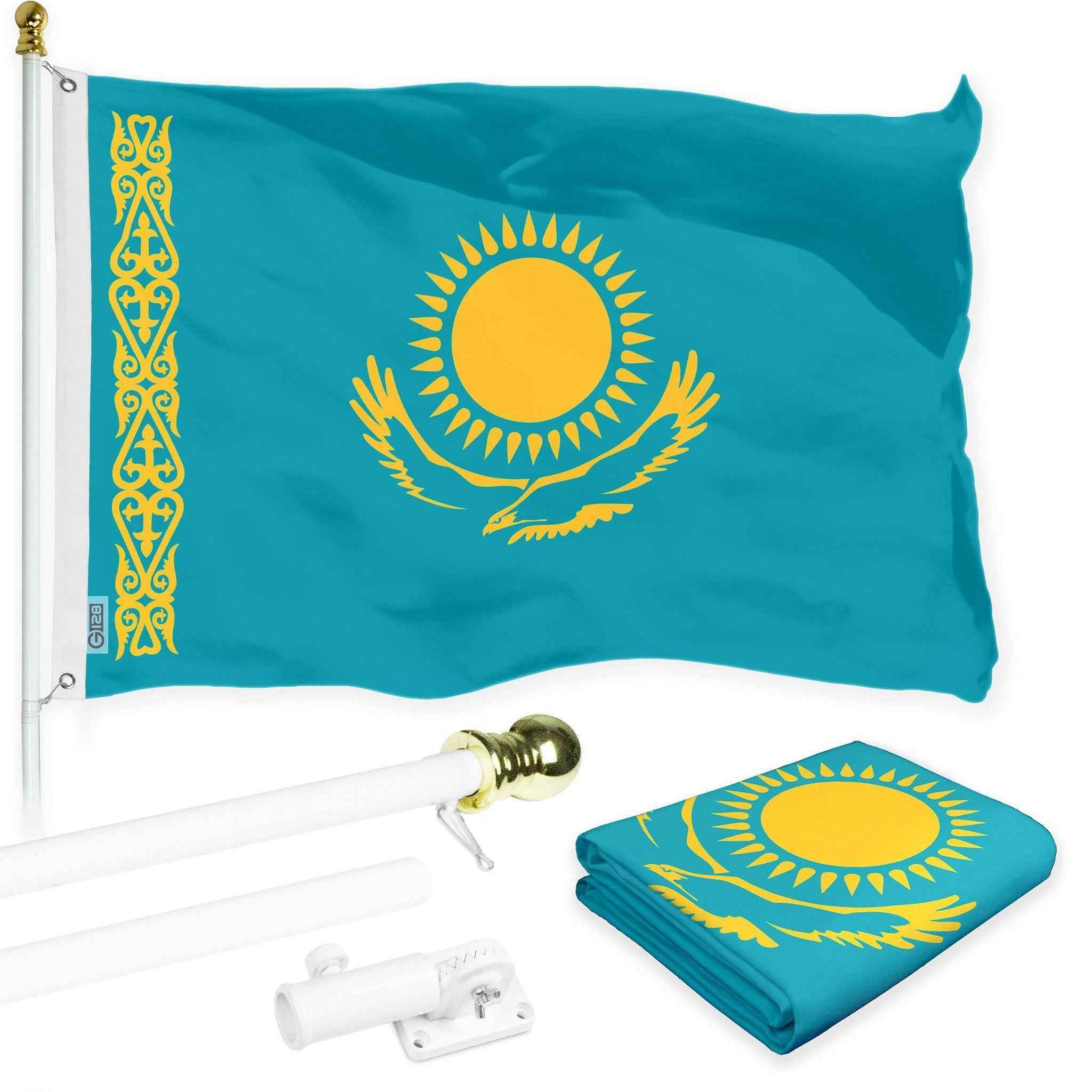G128 Combo Pack: 6 Ft Tangle Free Aluminum Spinning Flagpole (White) & Kazakhstan Kazakhstani Flag  3x5 Ft LiteWeave Pro Series Printed 150D Polyester | Pole with Flag Included