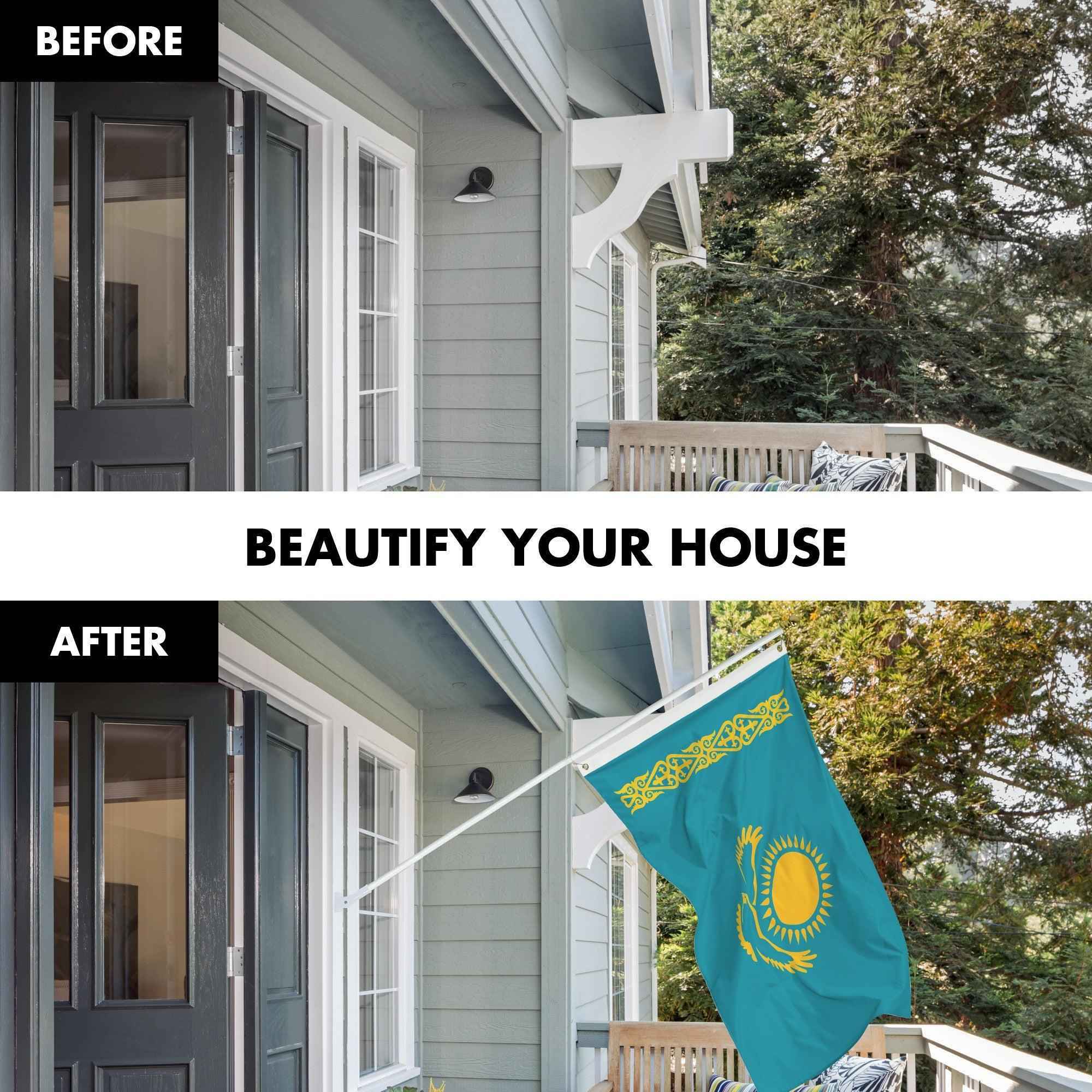 G128 Combo Pack: 6 Ft Tangle Free Aluminum Spinning Flagpole (White) & Kazakhstan Kazakhstani Flag  3x5 Ft LiteWeave Pro Series Printed 150D Polyester | Pole with Flag Included