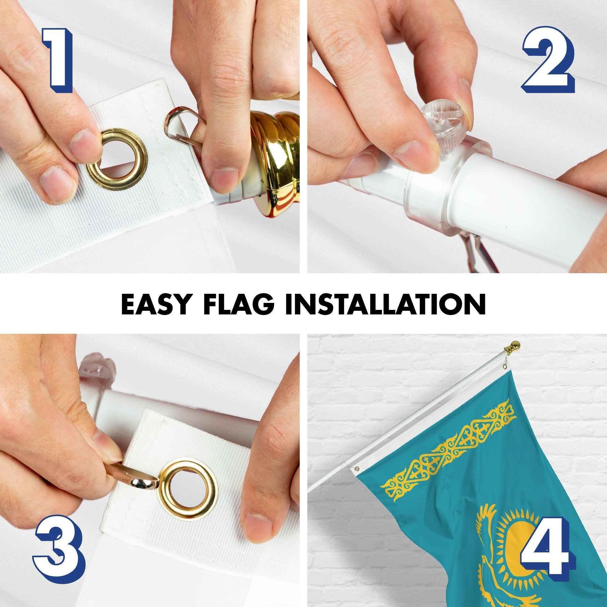 G128 Combo Pack: 6 Ft Tangle Free Aluminum Spinning Flagpole (White) & Kazakhstan Kazakhstani Flag  3x5 Ft LiteWeave Pro Series Printed 150D Polyester | Pole with Flag Included