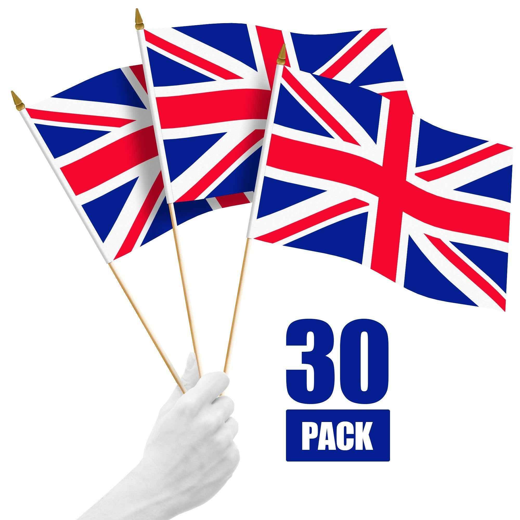 G128 30 Pack Handheld United Kingdom UK Stick Flags | 12x18 In | Printed 150D Polyester, Country Flag, Solid Wooden Stick, Spear Gold Tip