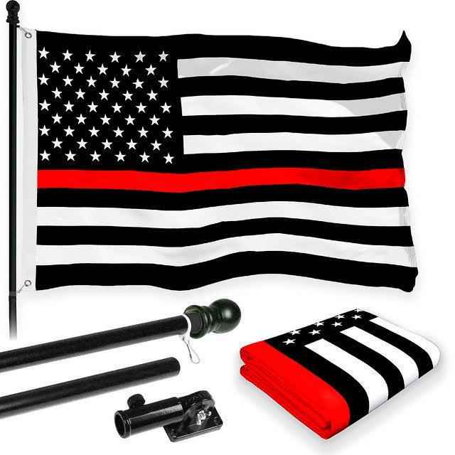 G128 Combo Pack: 6 Feet Tangle Free Spinning Flagpole (Black) Thin Red Line Flag 3x5 ft Printed 150D Brass Grommets (Flag Included) Aluminum Flag Pole
