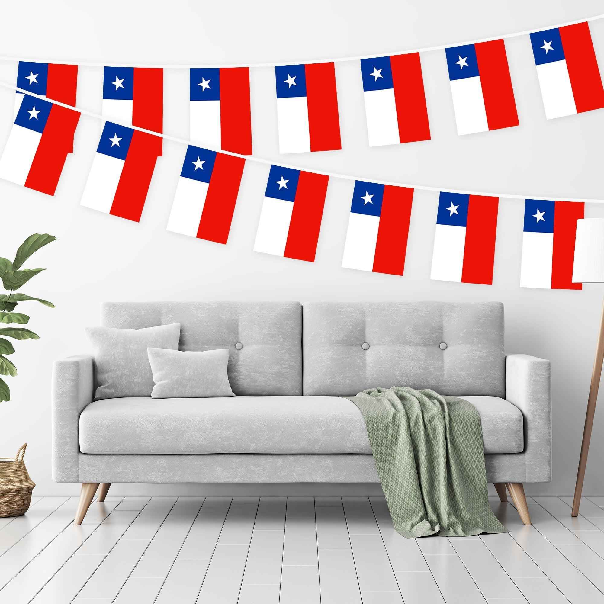 G128 Chile Chilean Bunting Banner | Flag 8.2 x 5.5 Inch, Full String 33 Feet | Printed 150D Polyester, Decorations For Bar, School, Festival Events Celebration