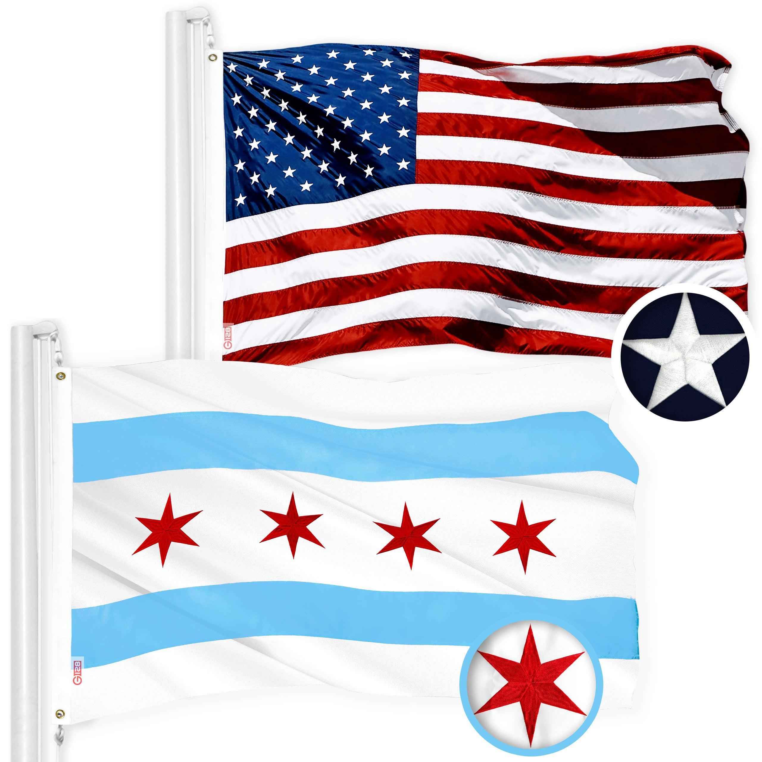 G128 Combo Pack: USA American Flag & Chicago Flag 3x5 Ft Embroidered 300D Polyester, Indoor/Outdoor, Brass Grommets